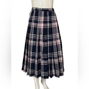 Vintage Pendleton Plaid 100% Wool Pleated Skirt Navy Blue & Pink Lightweight 16